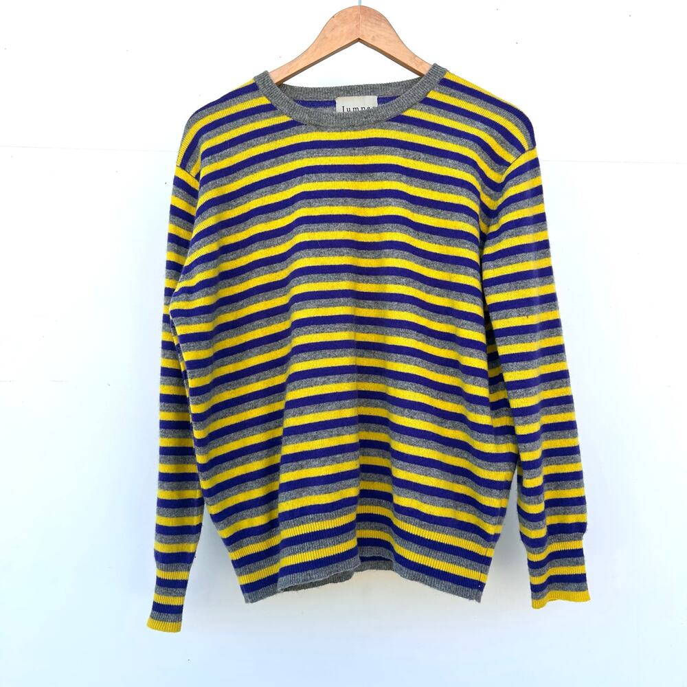 Jumper 1234 Cashmere Crewneck Striped Sweater Jumper Yellow Blue Large XL 4 - Picture 2 of 7